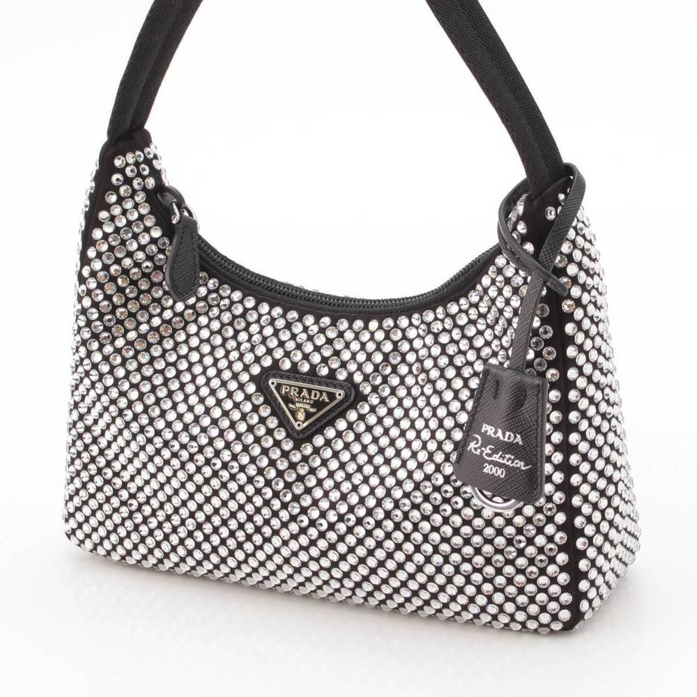 Prada Hobo Black Mini Triangle Handbag Satin Crystal